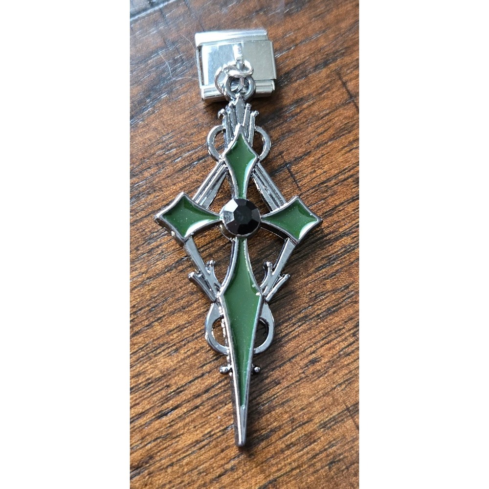 Gothic Cross Italian Charm Green Enamel Black Stone Stainless Steel Dangle Link